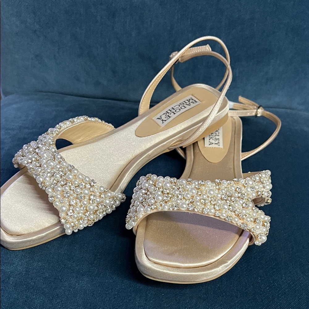 Badgley Mischka Pearl Embellished Sandals in Cream